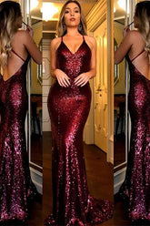 Sequin Backless Burgundy Evening Dress